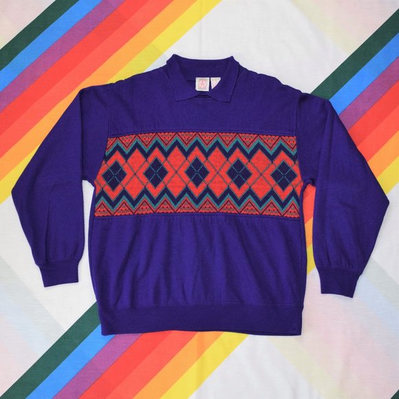 American Weekend Sweaters - 80s Purple + Red Collared Sweater by American Weekend